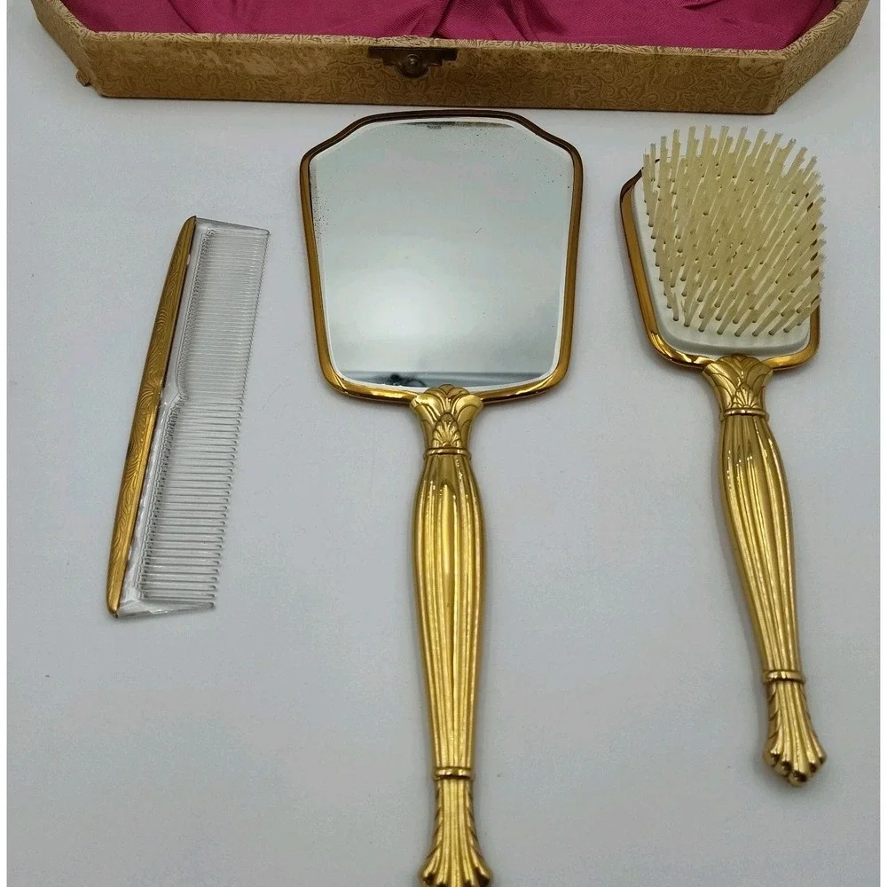 VTG Mirror Hairbrush Comb Handler FLORAL DESIGN Vanity Antq Goldtoned B507SA3572